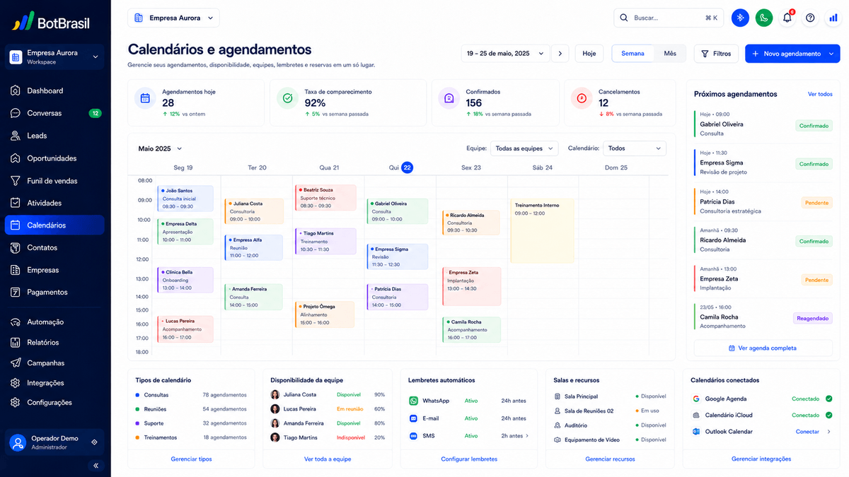Calendário de agendamento online da BotBrasil com horários disponíveis e confirmação automática — BotBrasil para contratos digitais