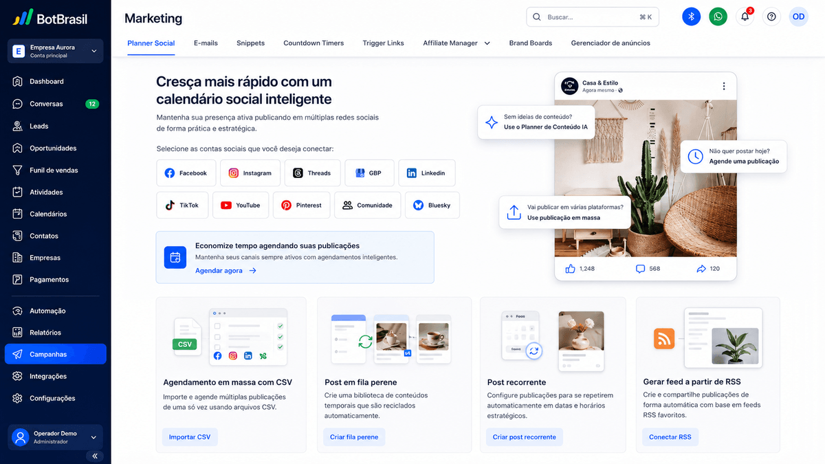 Painel de marketing da BotBrasil com gestão de redes sociais, campanhas e relatórios de conversão — BotBrasil para academias
