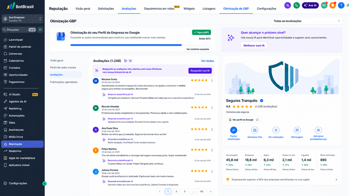 Painel de reputação online da BotBrasil com avaliações do Google, NPS e respostas automáticas — BotBrasil para academias